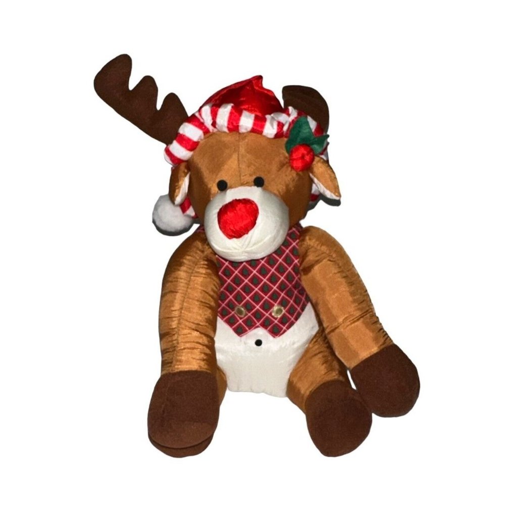 Vintage 1994 International Silver Nylon Reindeer Plush 12” Seated Hat Vest